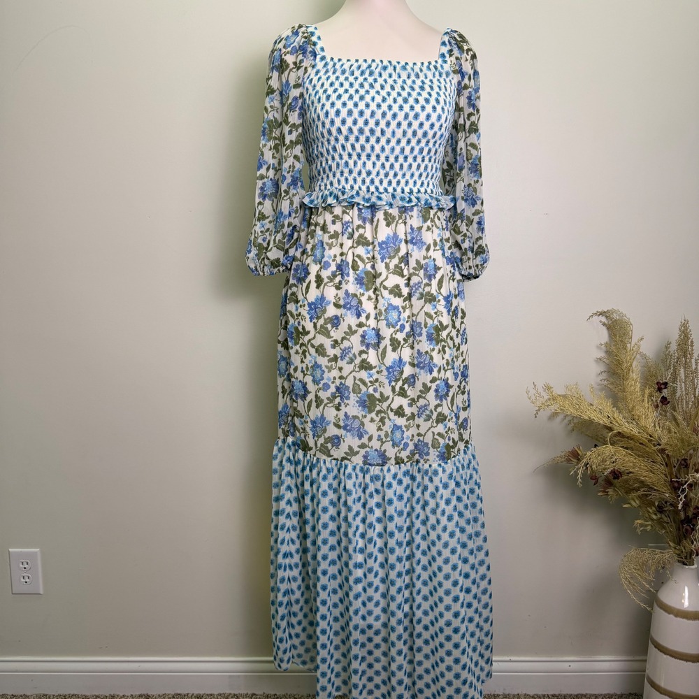 Taylor Size 8 Blue & White Floral Smocked Tiered Maxi Dress